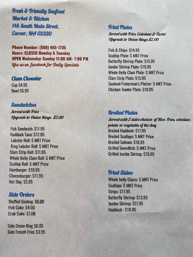 Menu at Fresh and Friendly Seafood Market restaurant, Carver