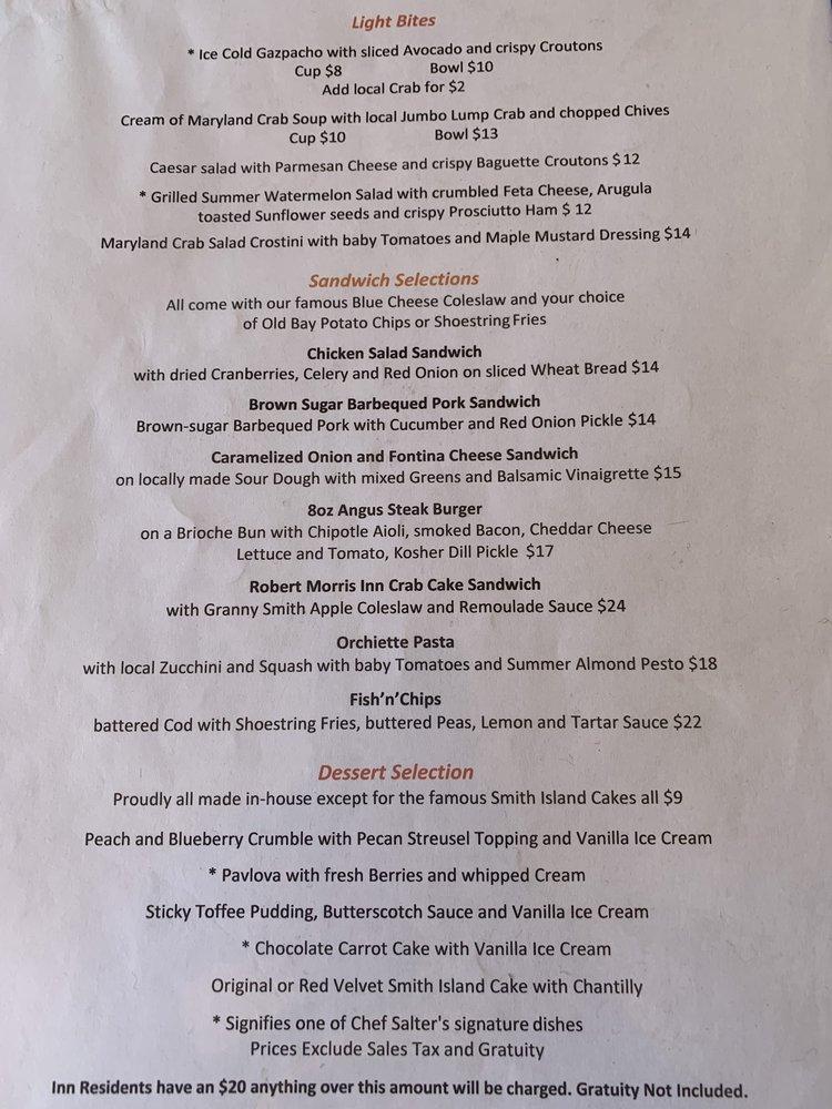Menu at Robert Morris Inn restaurant, Oxford