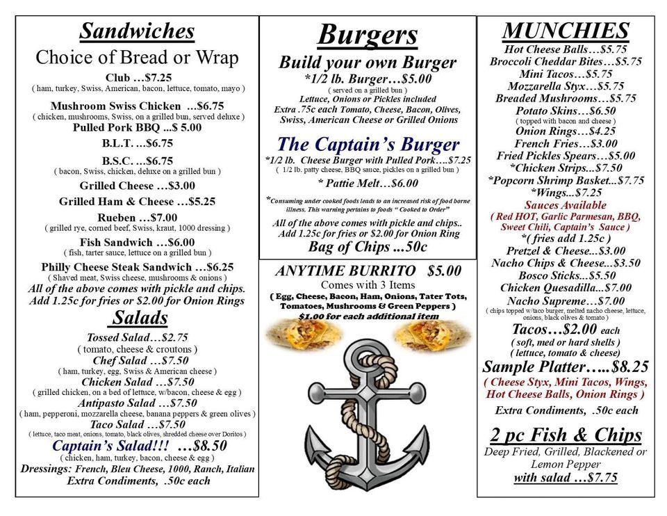 Menu at Captain's Quarters Lounge pizzeria, Burton