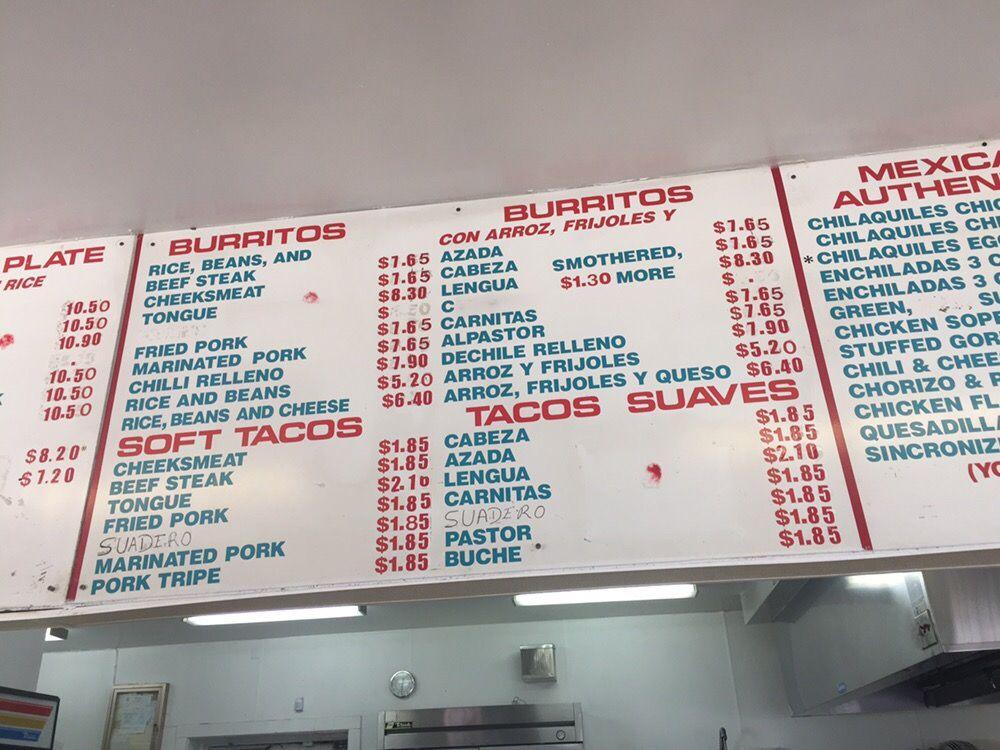 Menu at El Taco De Mexico restaurant, Denver