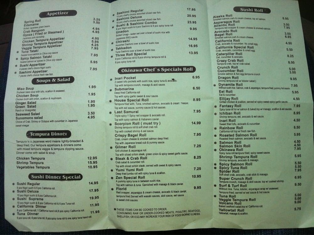 Menu at Okinawa Restaurant, Ellijay, 130 Old Orchard Square East
