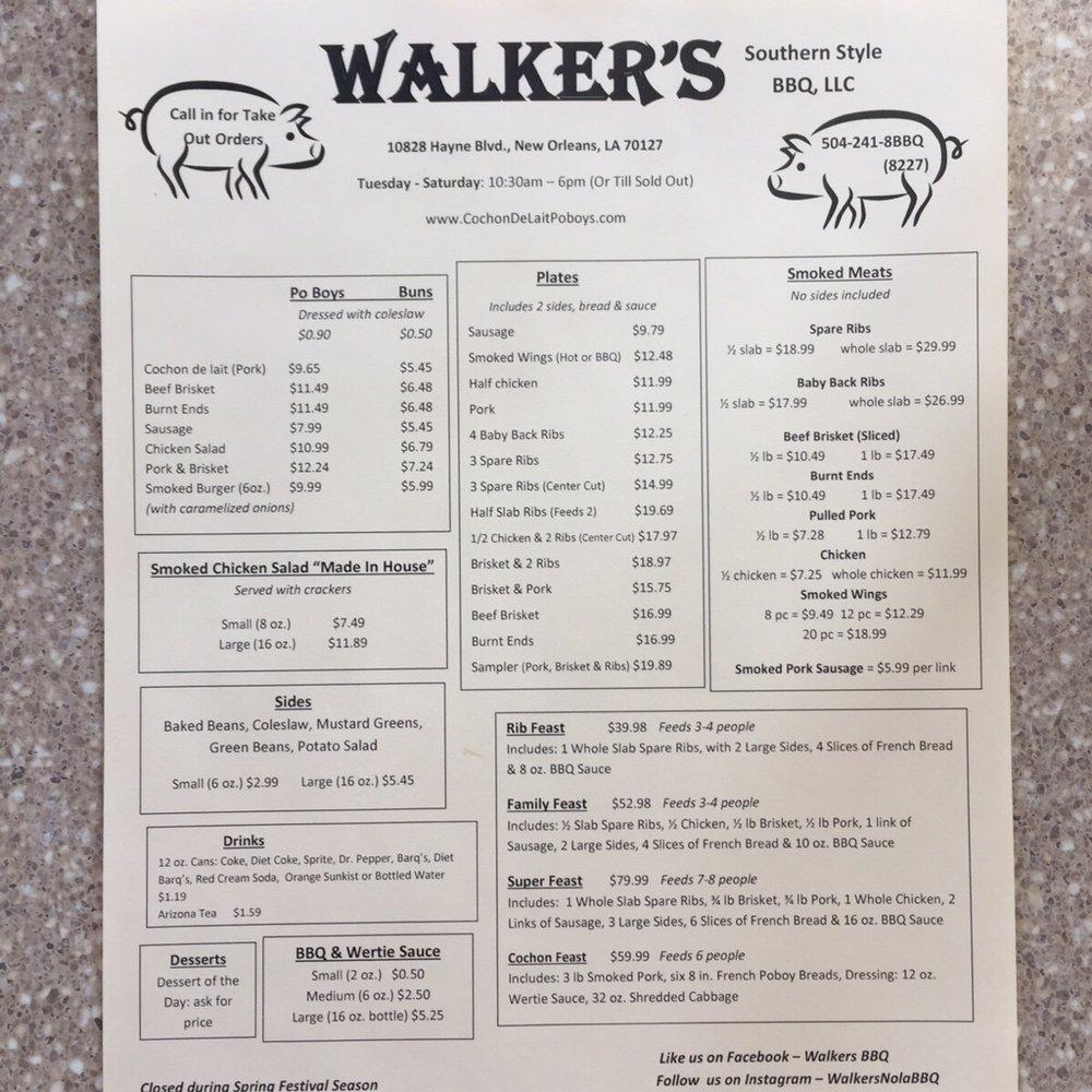 Menu at Walker's BBQ, New Orleans