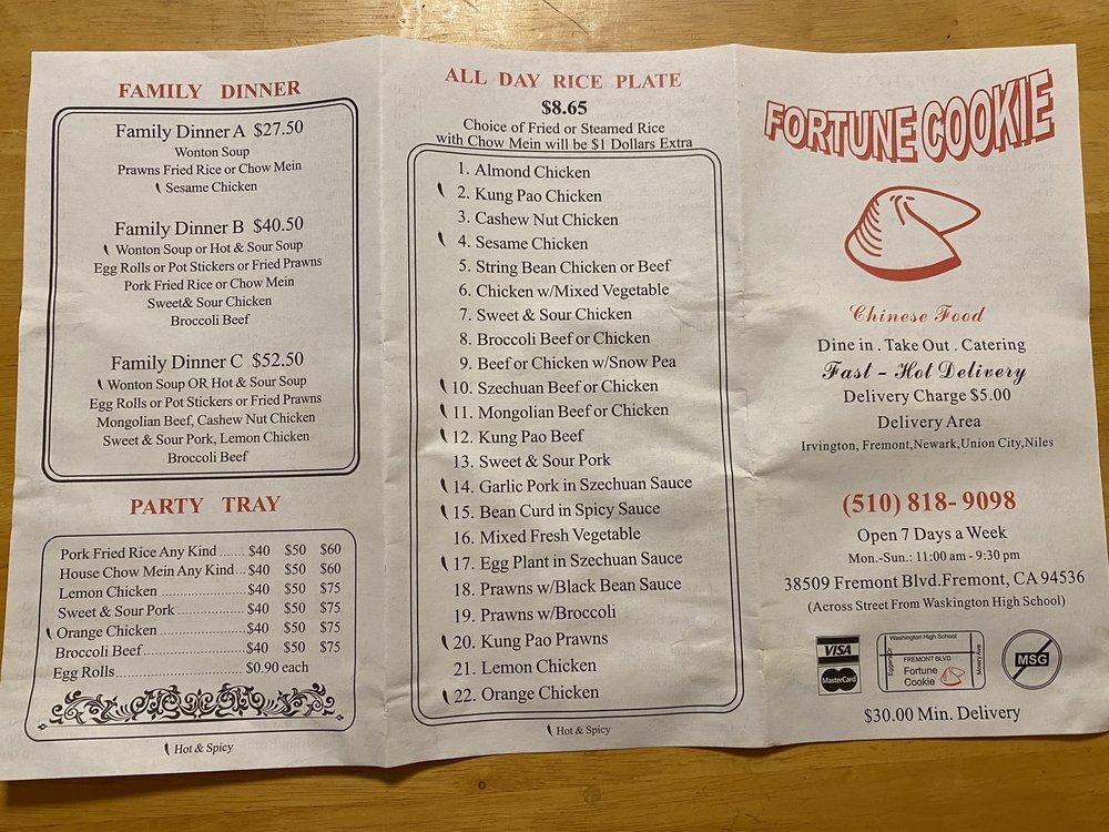 Menu at Fortune Cookie Chinese Food restaurant, Fremont