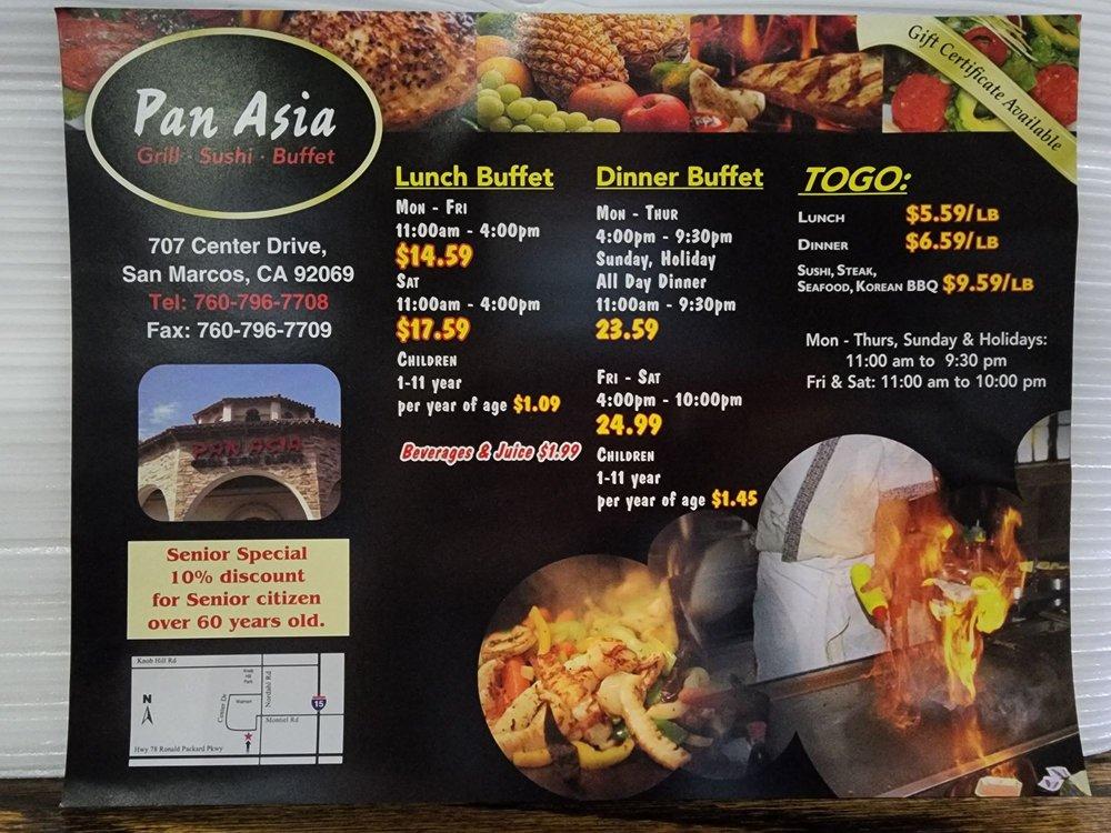 Menu at Pan Asia Buffet restaurant, San Marcos