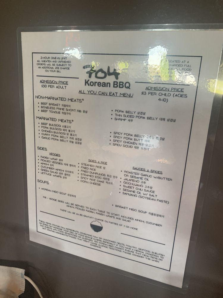 Menu at 704 Korean BBQ, Charlotte