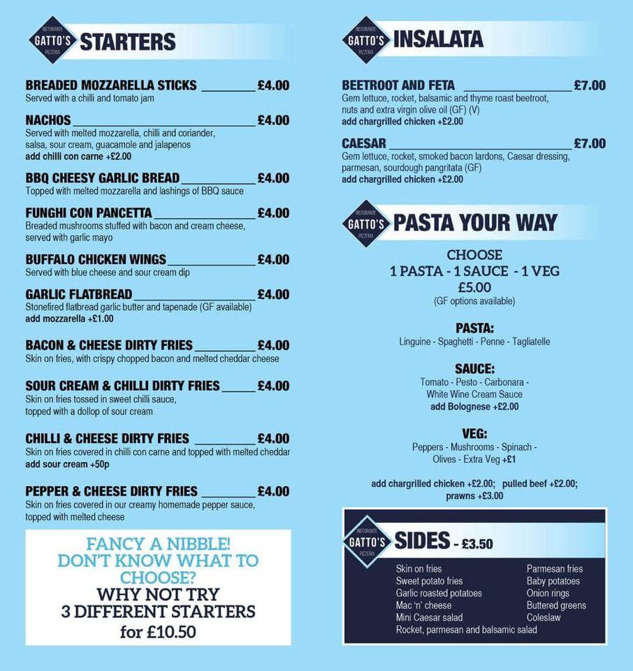 Menu at Gattos restaurant, Ballymena