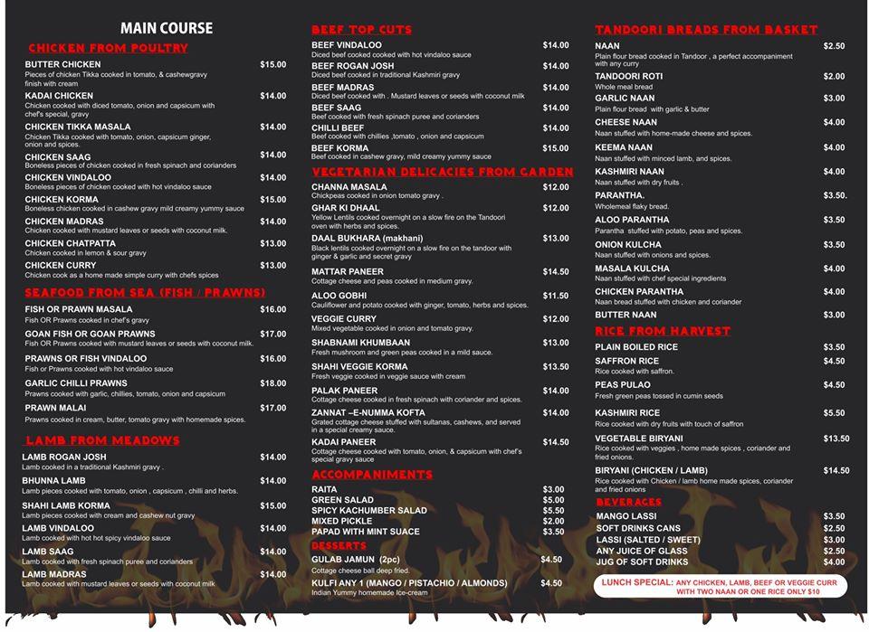 Menu at Mildura Curry House restaurant, Mildura