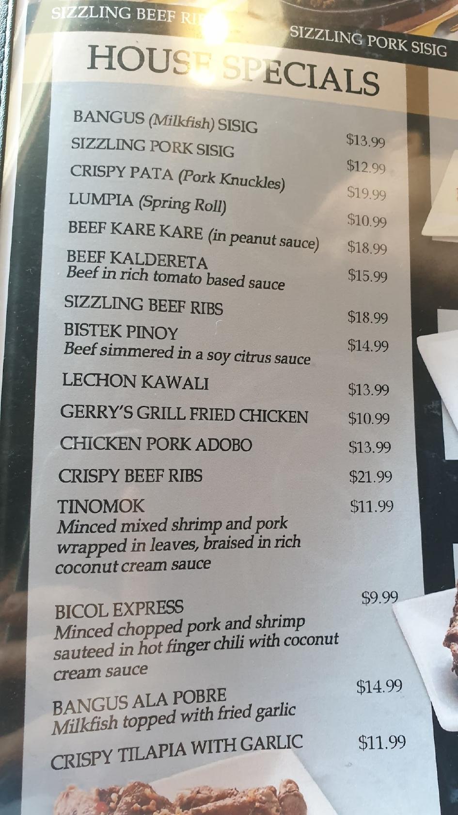 Menu at Gerry's Grill restaurant, Artesia, South St 107