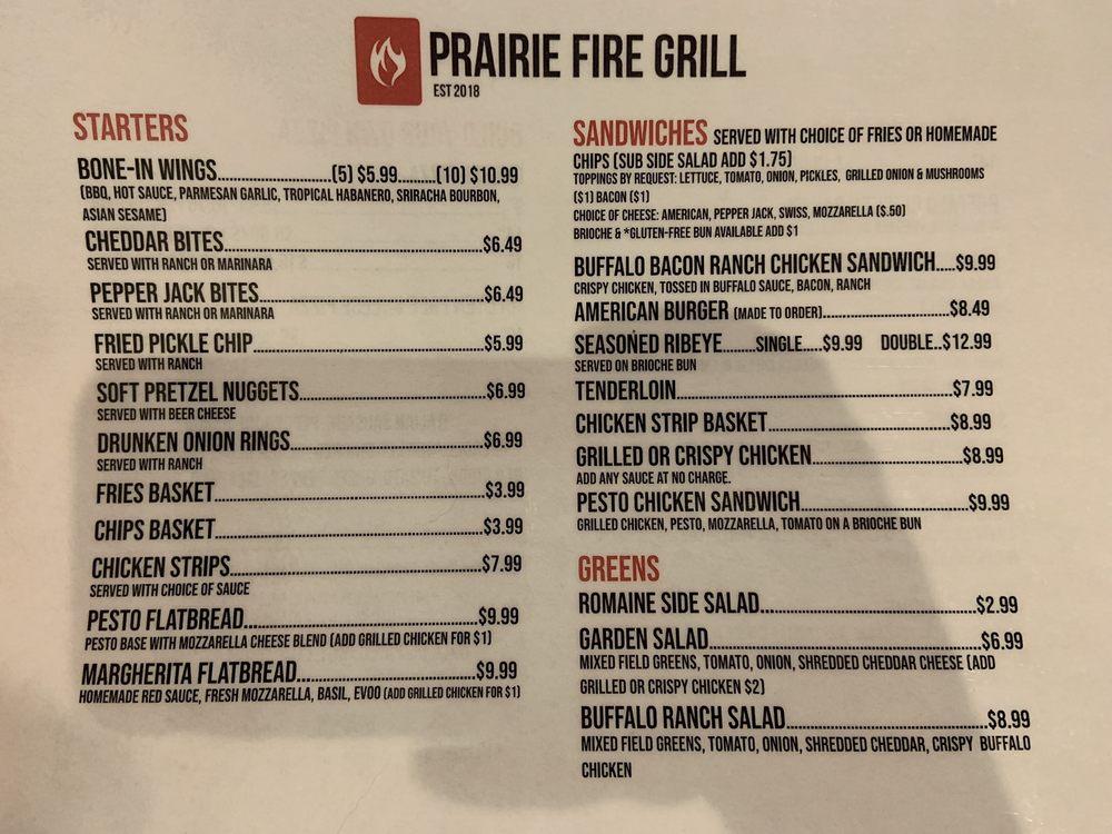 Menu at Prairie Fire Grill pizzeria, Heyworth