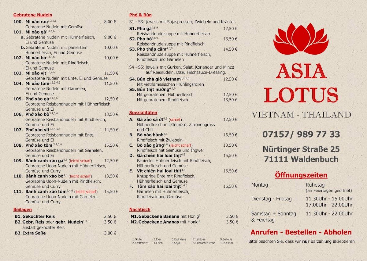 Menu at Asia Lotus restaurant, Waldenbuch