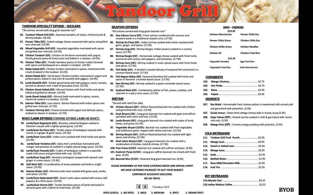 Menu at Tandoor Grill restaurant, Easton