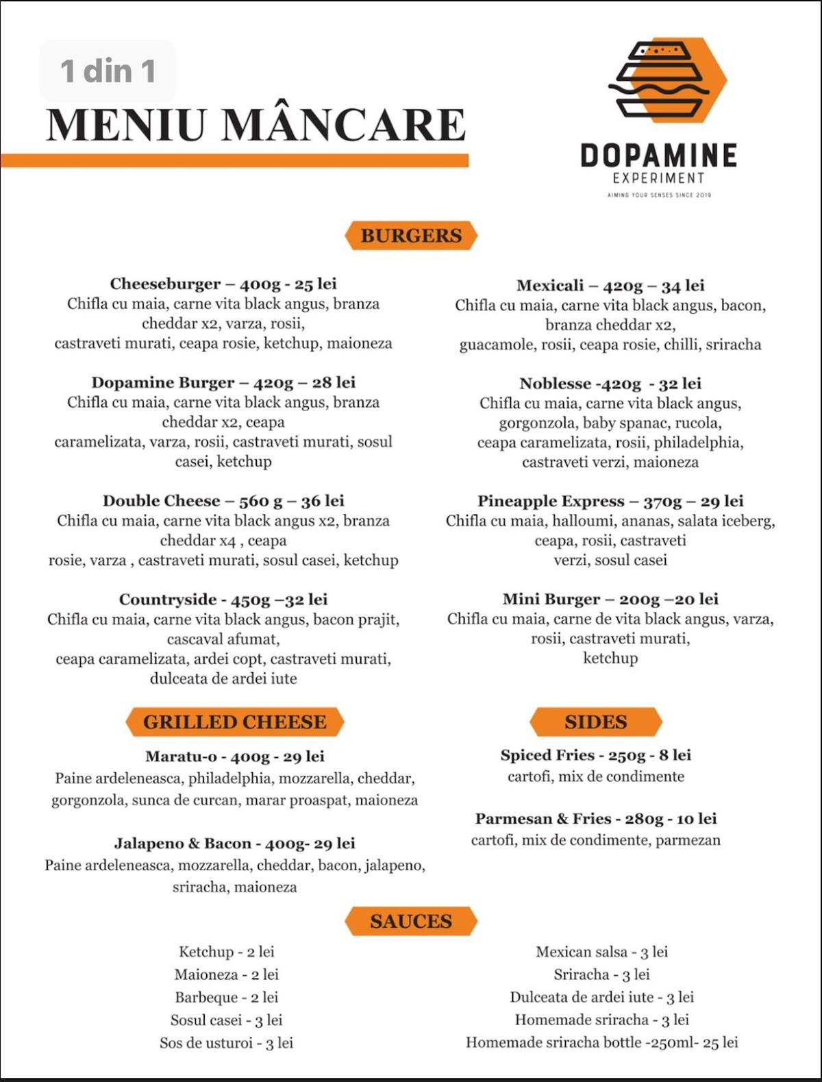 Menu at Dopamine, ClujNapoca