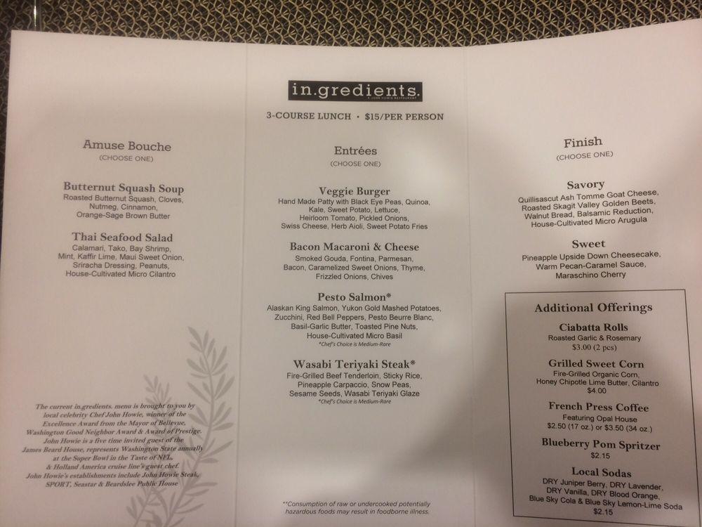 Menu at In.gredients restaurant, Redmond