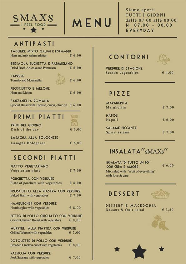 Menu di SMAXS il chiosco 