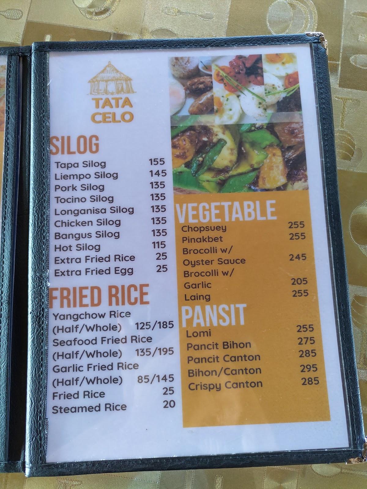 Menu at Tata Celo Kainan sa Palaisdaan restaurant, Valenzuela