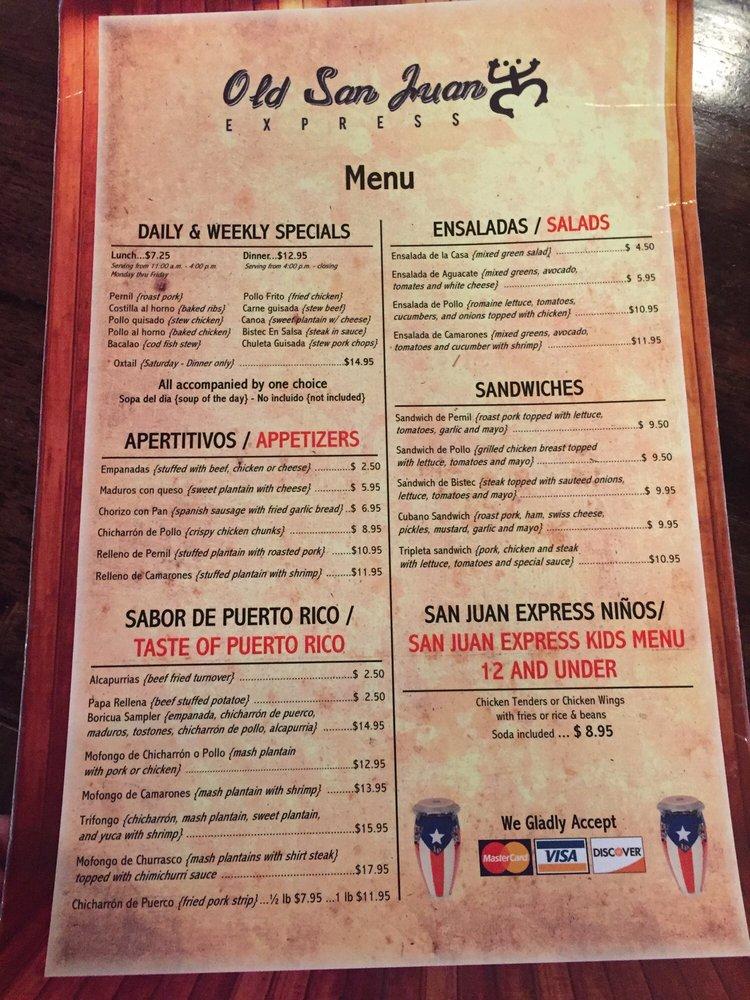 Menu at Old San Juan Express restaurant, Hackensack