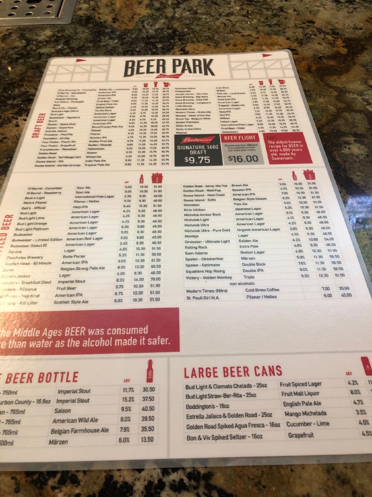 Menu at Beer Park pub & bar, Las Vegas, S Las Vegas Blvd
