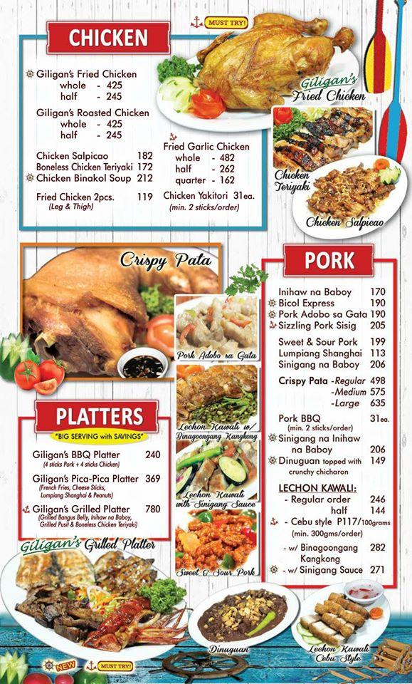 Carta del restaurante Giligan's, Binangonan