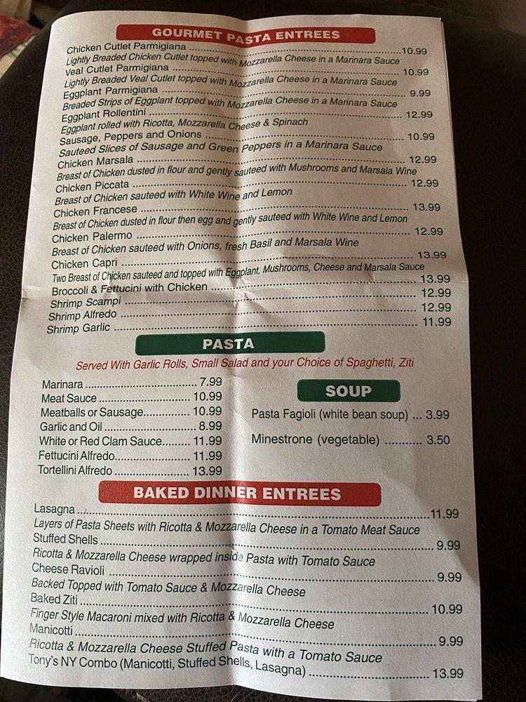 Menu at Tony's New York Pizza pizzeria, DeLand