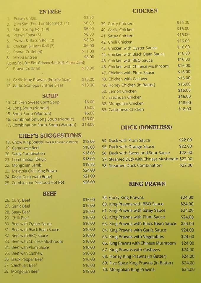 Menu at Chow King restaurant, Young