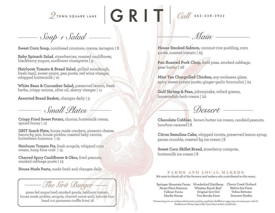 Carta de Grit Restaurant, Taylor