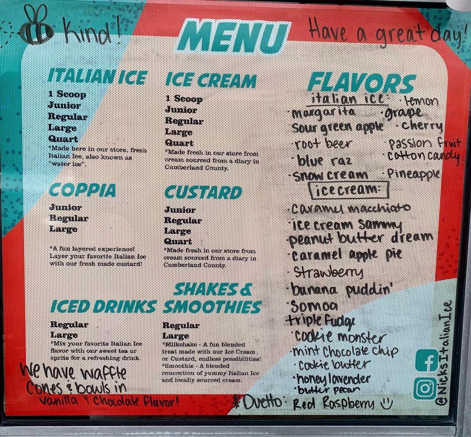 Menu at Nick's Italian Ice restaurant, Crossville