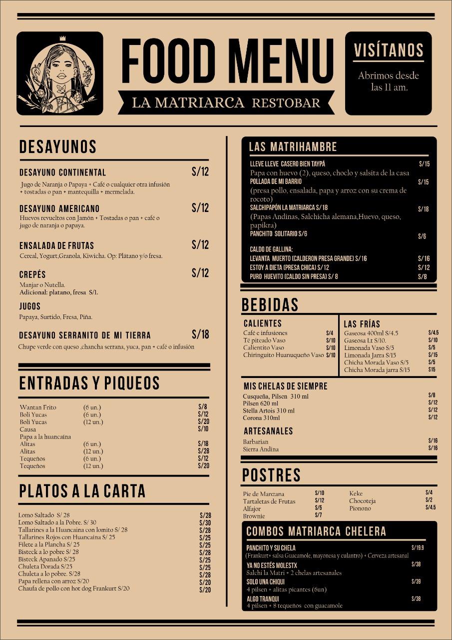 Menu at La Matriarca Restobar, Miraflores