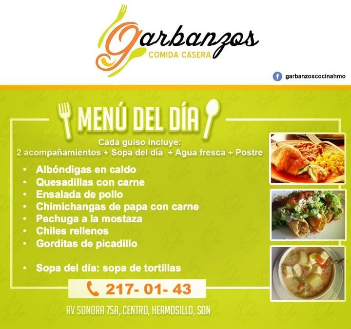 Carta del restaurante Garbanzos Comida Casera, Hermosillo