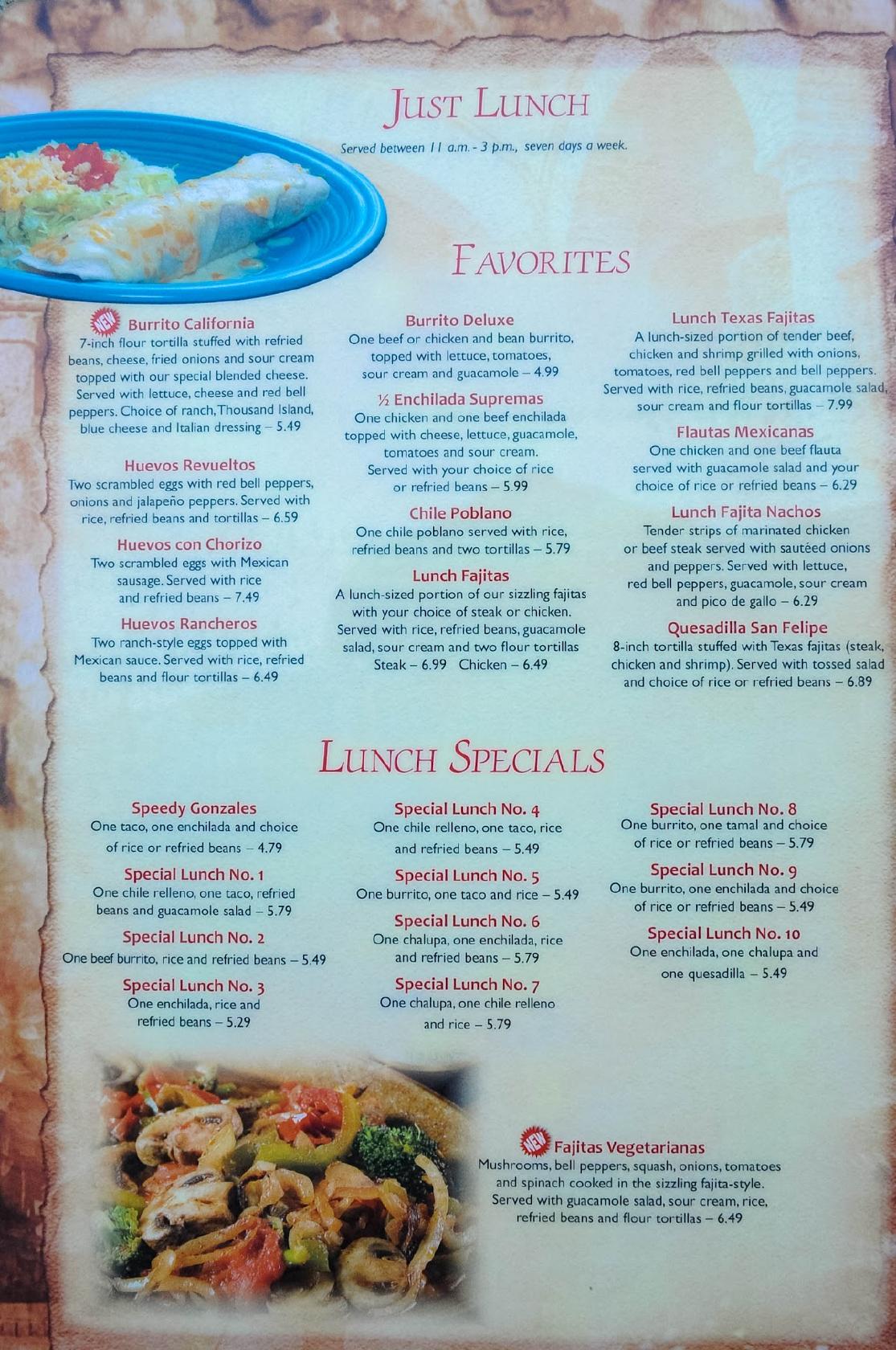 Menu at San Felipe Mexican Restaurant, Siler City