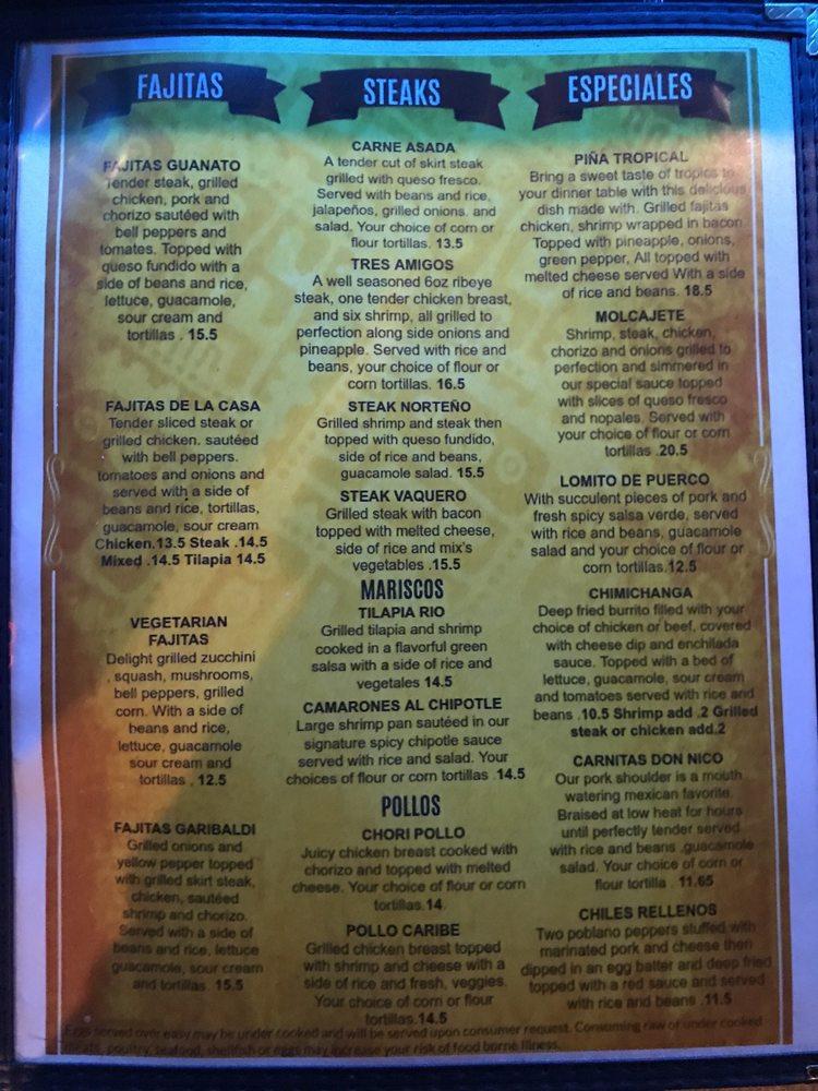 Menu at Garibaldi Mexican Restaurant, Madison