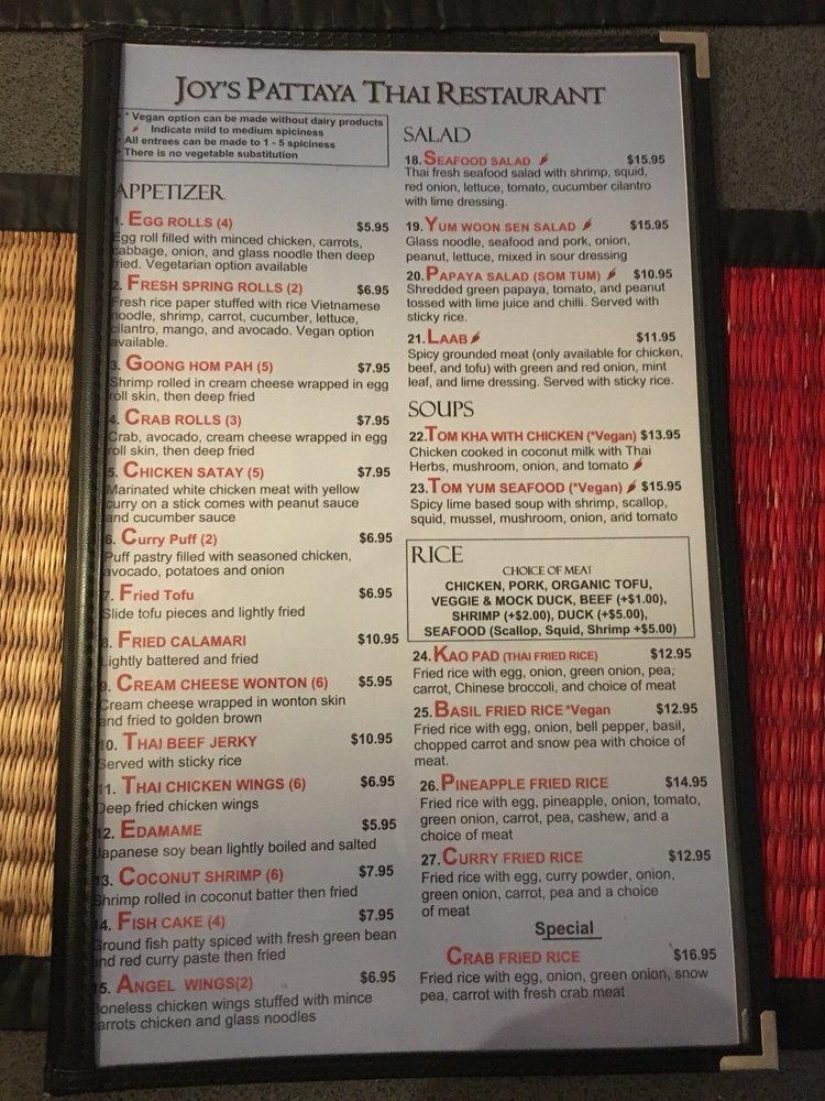 Menu at (Richfield) Joy's Pattaya Thai Restaurant, Richfield