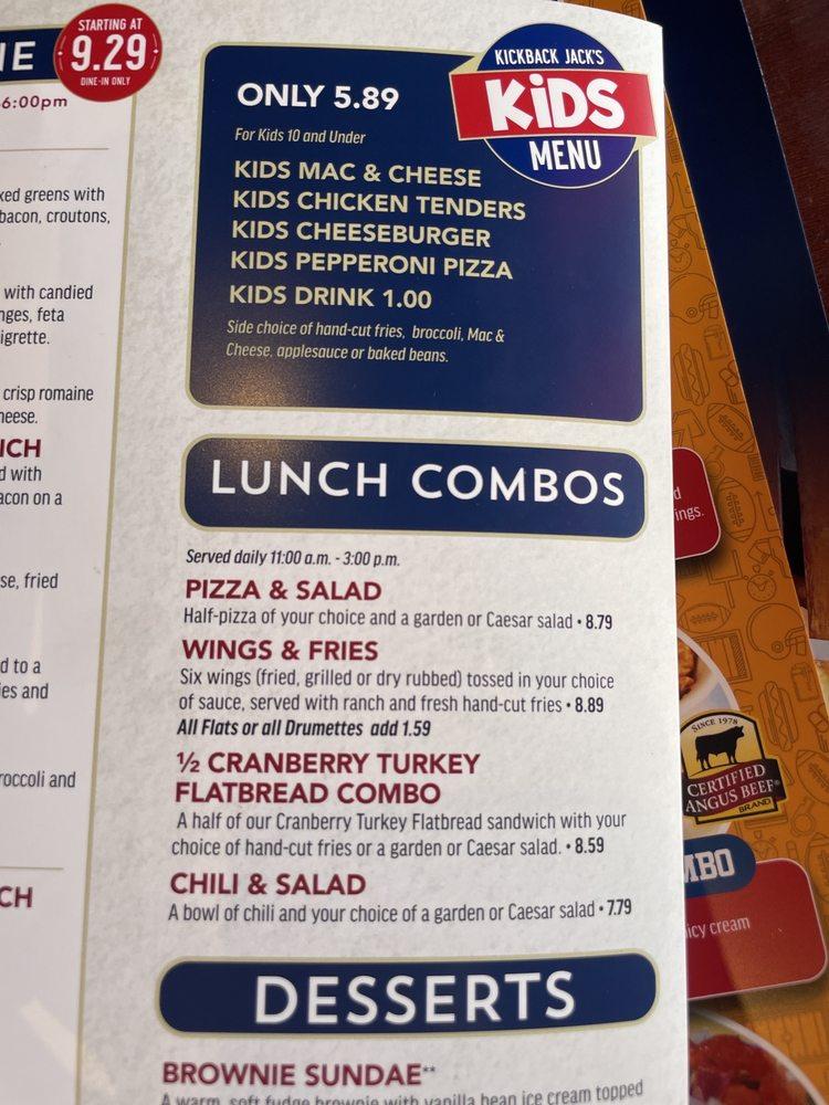 Menu at Kickback Jack's pub & bar, Asheboro