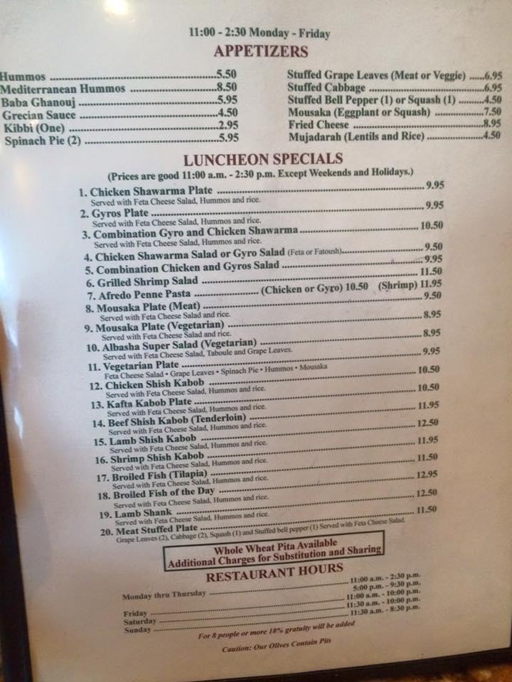 Menu at Albasha Greek & Lebanese Restaurant, Covington