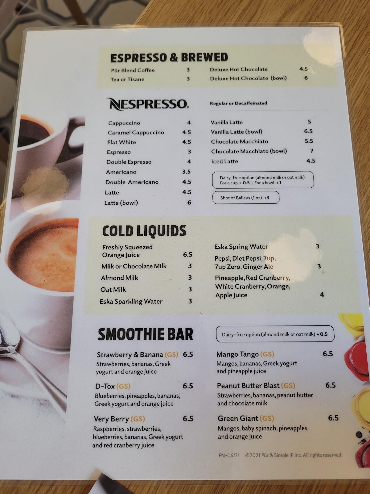 Menu at Pür & Simple pub & bar, Waterloo