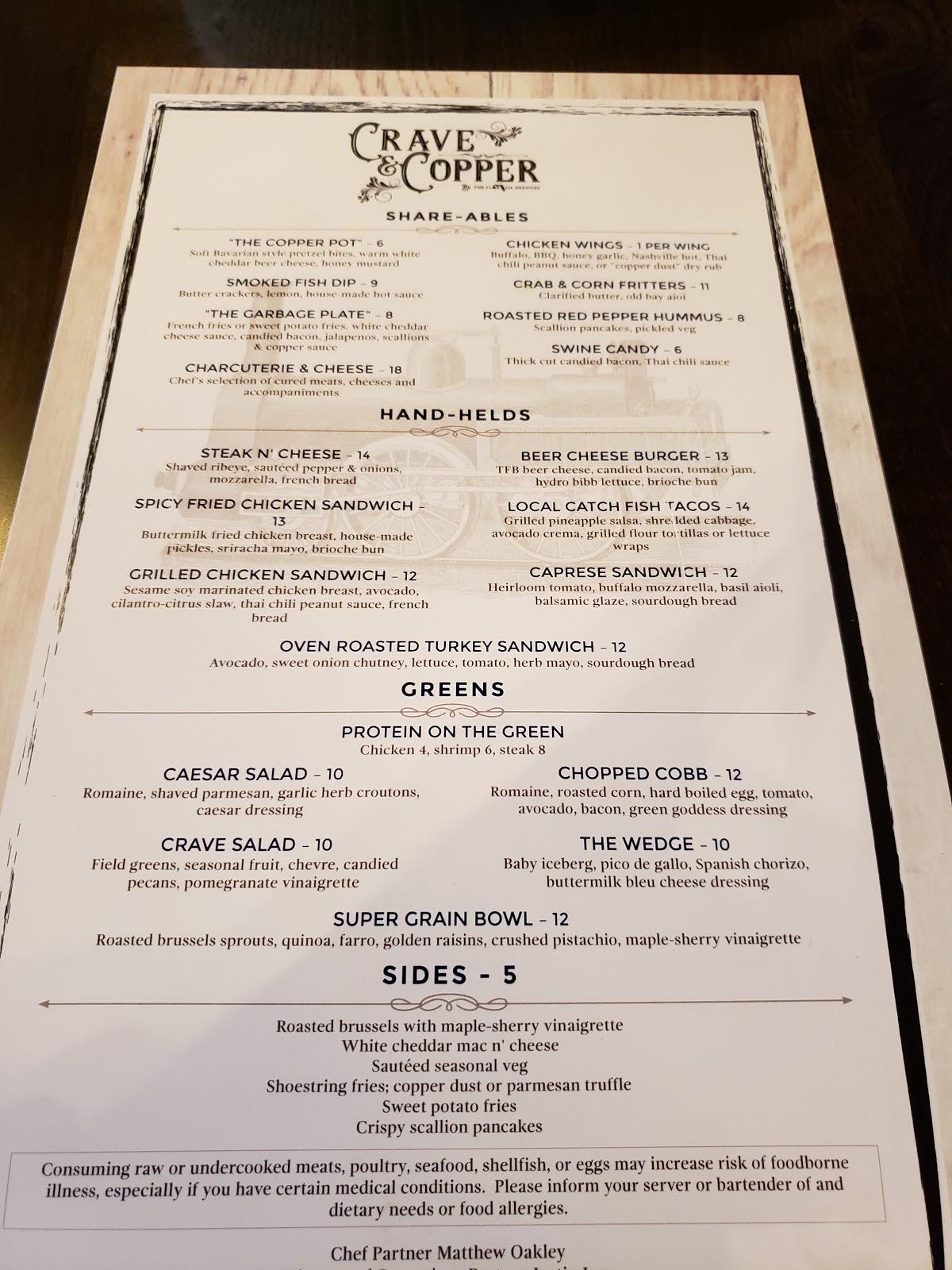 Menu at Crave & Copper restaurant, Auburndale