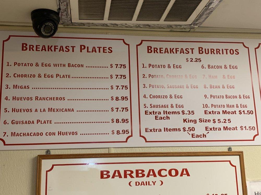 Menu at Juan's Burrito Express restaurant, Fort Worth
