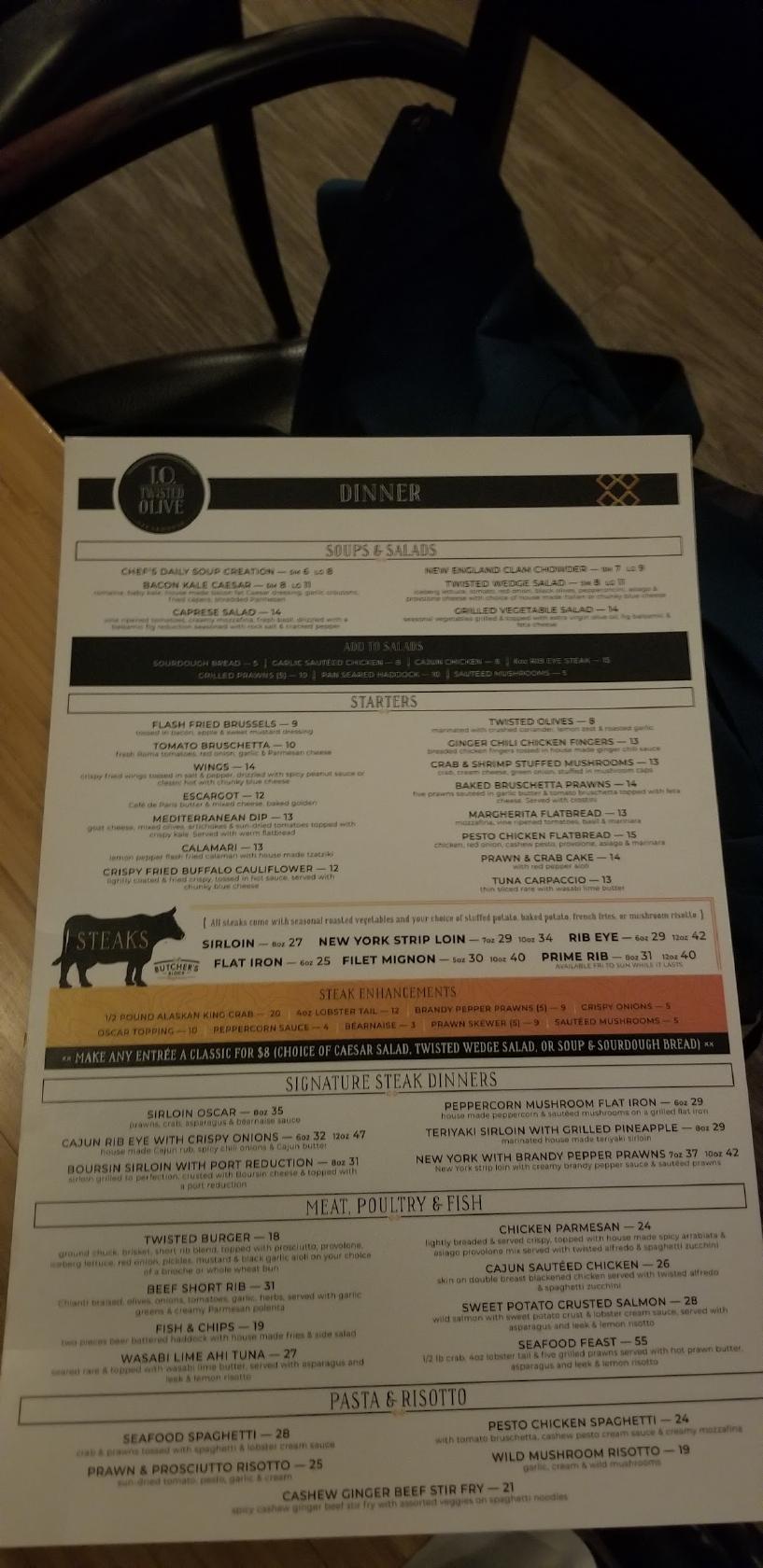 Menu at Twisted Steak steakhouse, Kamloops, 500 Lorne St
