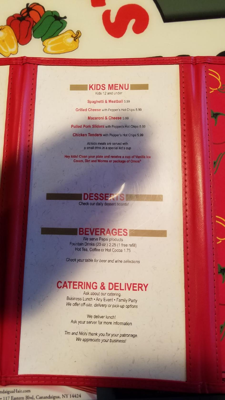 Menu at Peppers Family Restaurant, Canandaigua