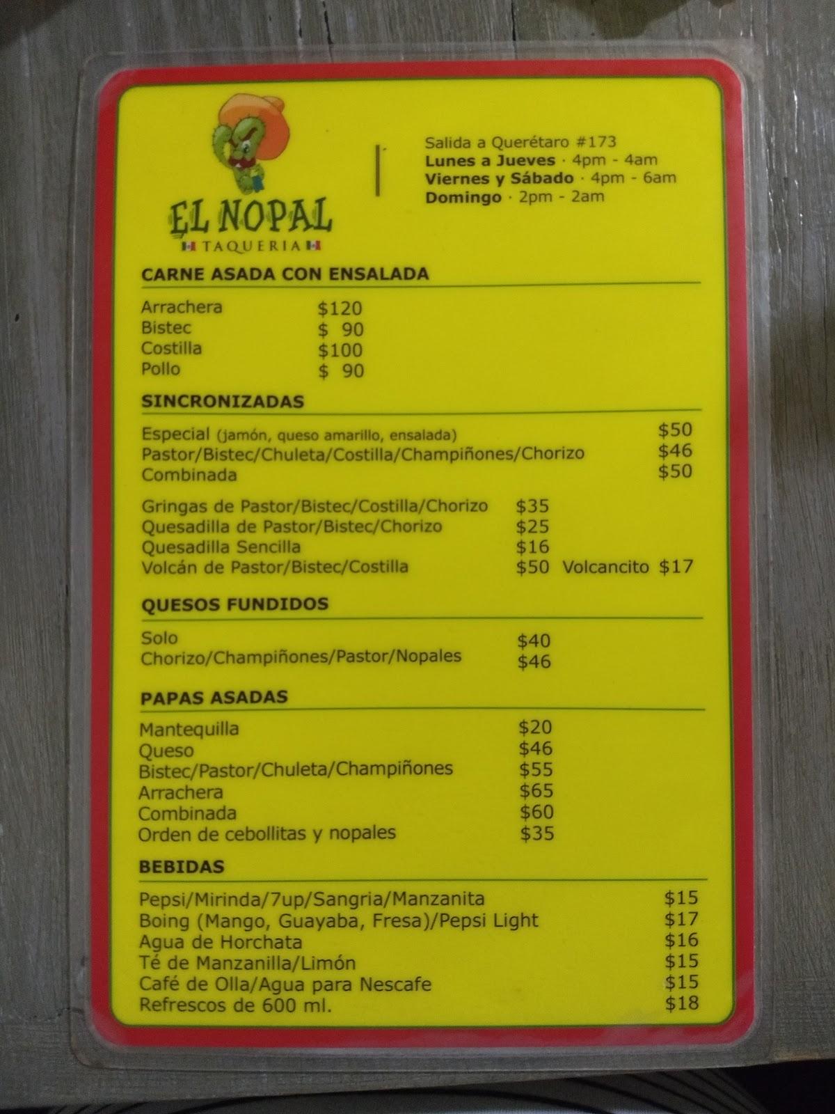Carta del restaurante Taquería El Nopal, San Miguel del Allende, Salida