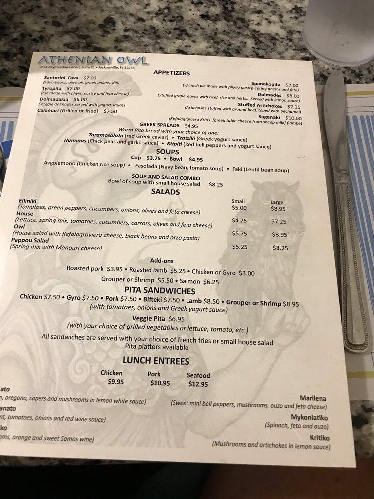 Menu at Athenian Owl restaurant, Jacksonville