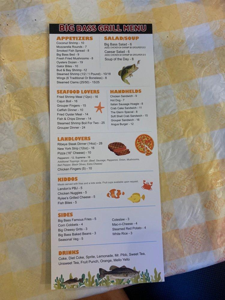 Menu at Big Bass Grill Lakefront Restaurant and Marina, Lake Panasoffkee