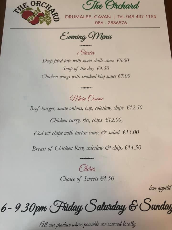 Menu at The Orchard Bar, Cavan