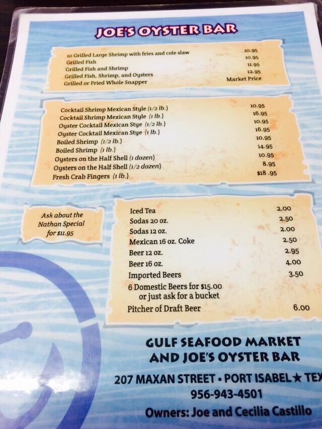 Menu at Joe's Oyster Bar, Port Isabel