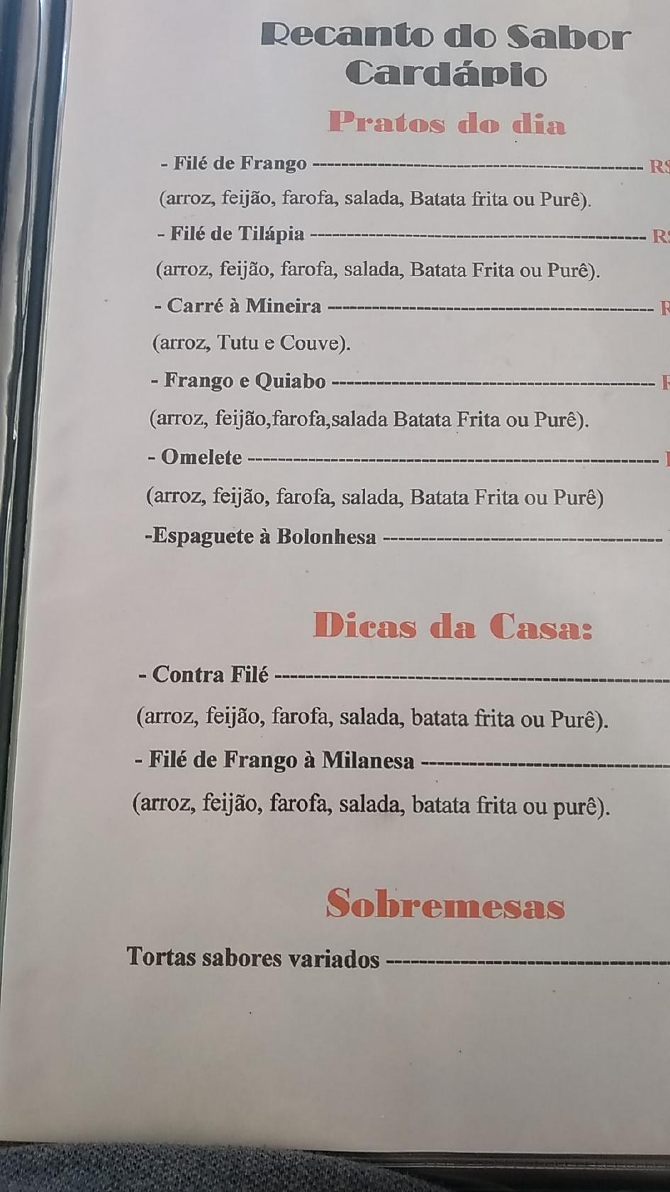 Recanto Do Sabor cardápio