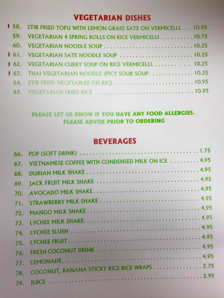 Menu au Vietnamese Noodle House restaurant, Cochrane