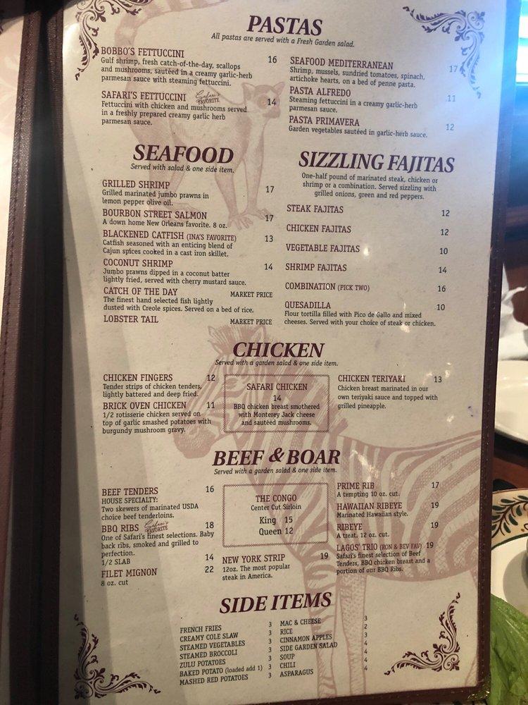 Safari's Brick Oven & Grille menu