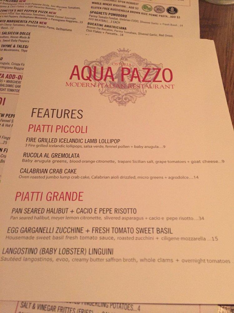 Menu at Aqua Pazzo restaurant, Boardman