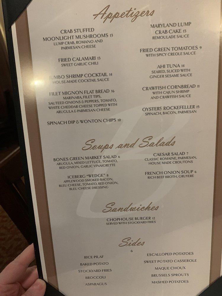 Menu at Bone's Chophouse of Little Rock, AR steakhouse, Little Rock