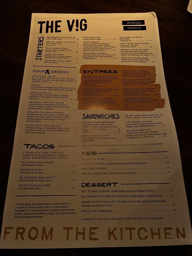 Menu At The Vig North Central Restaurant Phoenix