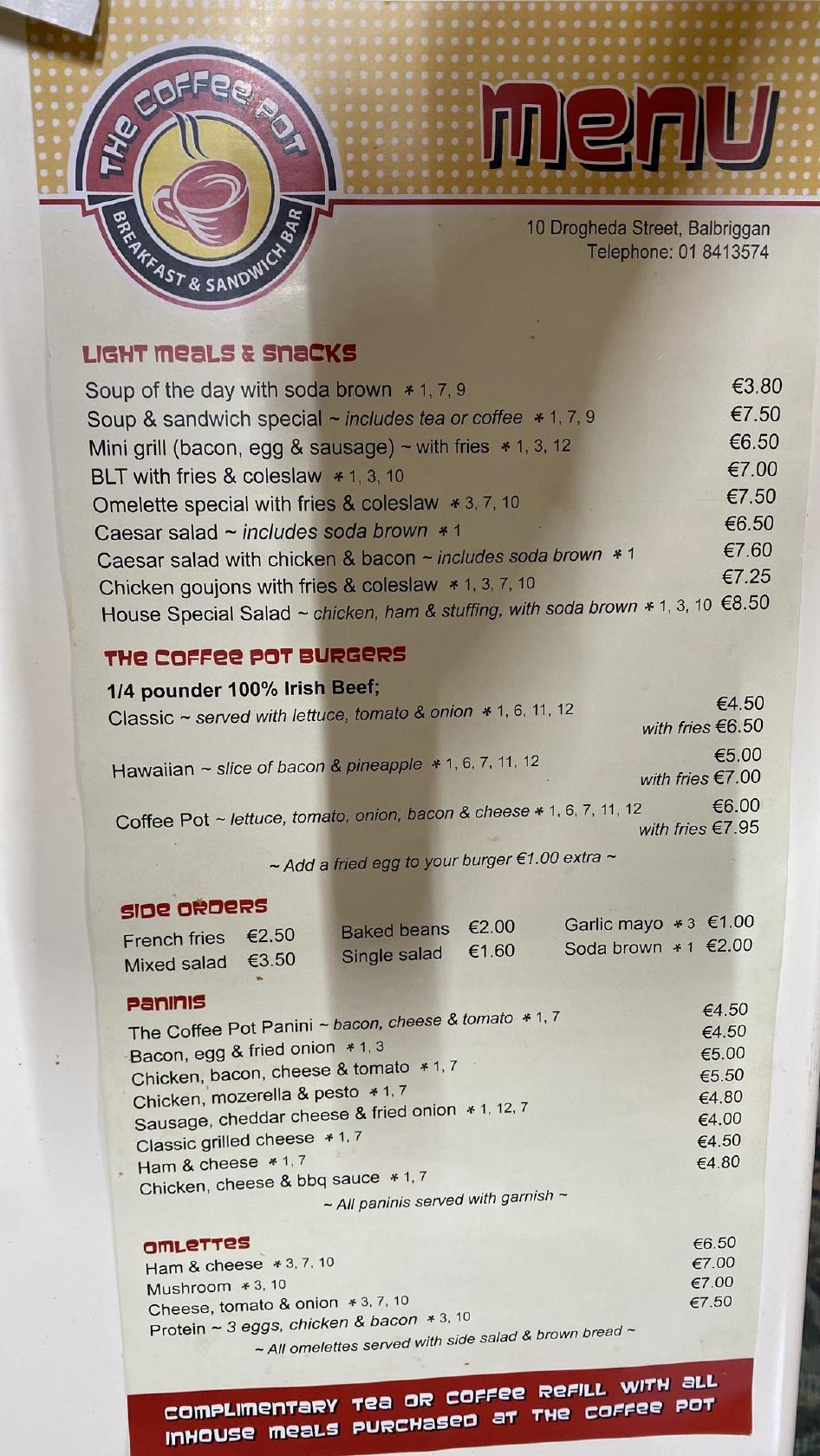 Menu at The Coffee Pot restaurant, Balbriggan, 8 Drogheda St
